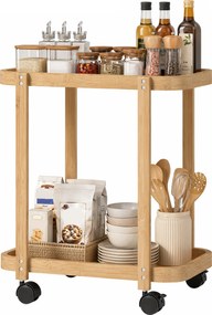 HOMCOM Cărucior de bucătărie din bambus 2 niveluri Cărucior auxiliar pentru bucătărie cu roți 2 rafturi 54x36,5x60 cm Natural | Aosom Romania