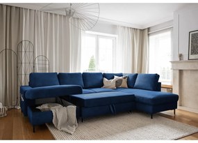 Colțar albastru închis extensibil cu tapițerie din catifea reiată (cu colț pe partea dreaptă) Lofty Lilly – Miuform