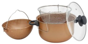 Resigilat: Oala cu strecuratoare si cos pentru prajit Voltz V51213C, 24 cm, 5.2 L, Capac sticla, Acoperire antiaderenta, Cupru
