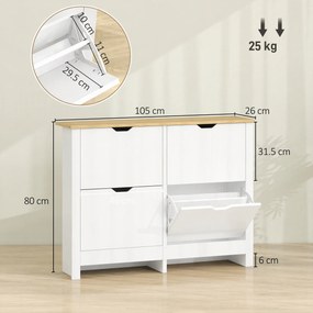 HOMCOM Pantofar Modern pentru max. 16 Perechi, cu 4 Sertare Reglabile și Detașabile, din Lemn, 105x26x80 cm, Alb | Aosom Romania