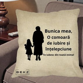 Cadou pentru Bunica - Perna Personalizata Bunica Mea Comoara Iubire Intelepciune Silueta, 40x40 cm, Crem, Husa Detasabila, Perna Inclusa, BEKZ®