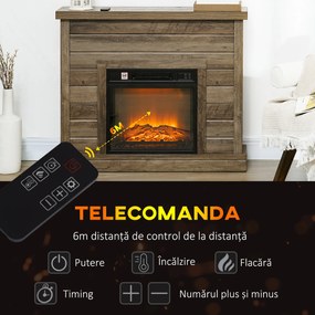 HOMCOM Șemineu Electric cu Flacără 3D, Oprire Automată, Încălzire Reglabilă și Temporizator, 96,5x22x81,7 cm, Lemn Natural | Aosom Romania