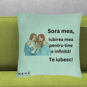 Cadou pentru Sora - Perna Personalizata Sora Mea Te Iubesc Doua Fete cu Acadele, 40x40 cm, Verde Menta, Husa Detasabila, Perna Inclusa, BEKZ®