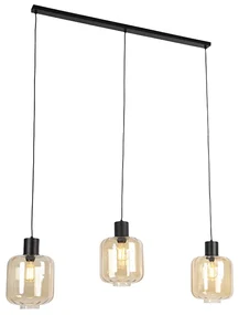 Lampă pendantă de design neagră cu sticlă chihlimbar 3 lumini 161,5 cm - Qara