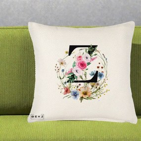 Cadou Personalizat - Perna Personalizata Monograma Florala Litera Z cu Coroana, 40x40 cm, Crem Reliefat, Husa Detasabila, Perna Inclusa, BEKZ®