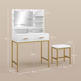 HOMCOM Masă de Machiaj cu Oglindă LED, Scaun și Rafturi, 80x40x138 cm, Alb | Aosom Romania