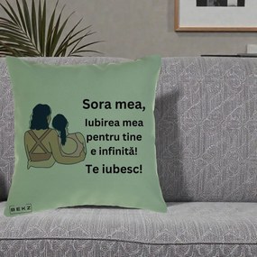 Cadou pentru Sora - Perna Personalizata Sora Mea Te Iubesc Doua Fete Fashioniste Line Art, 40x40 cm, Verde, Husa Detasabila, Perna Inclusa, BEKZ®