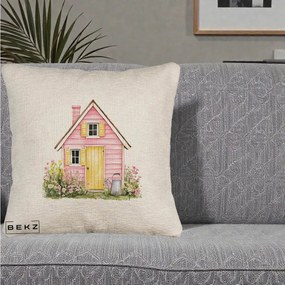 Perna Decorativa Casuta Roz Acuarela cu Gradina, 40x40 cm, Bej Canapea, Husa Detasabila, Perna Inclusa, BEKZ®