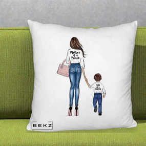 Cadou pentru Mama - Perna Personalizata Fluffy, Model Mother of a Prince, 40x40 cm, Alb Pufos, Husa Detasabila, Perna Inclusa, BEKZ®