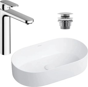 Pachet lavoar pe blat Omnires Mesa alb 53.5 cm, baterie lavoar Hansgrohe Vernis Blend 190 crom si ventil lavoar Click-Clack crom