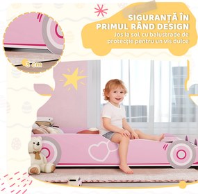 AIYAPLAY Pat pentru Copii de 3-5 Ani în Formă de Mașină cu Margini Ridicate de Siguranță, 140x70 cm, Roz | Aosom Romania