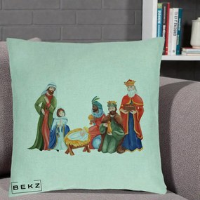 Perna Decorativa Nasterea Domnului Cei Trei Magi Acuarela, 40x40 cm, Verde Menta, Husa Detasabila, Perna Inclusa, BEKZ®