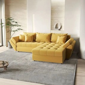 Colțar extensibil dumonde cu ladă de depozitare si sezut confortabil din spuma high-density, Loana Royal Muștar II 270x185 cm