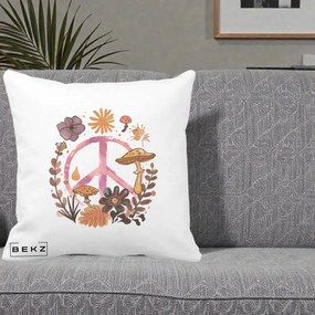 Perna Decorativa Peace Ciuperci Boho, 40x40 cm, Alba Mata, Husa Detasabila, Perna Inclusa, BEKZ®