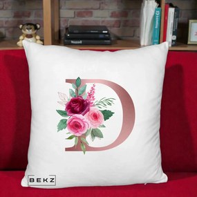 Cadou Personalizat - Perna Personalizata Monograma Rose Gold Litera D, 40x40 cm, Alb Pufos, Husa Detasabila, Perna Inclusa, BEKZ®