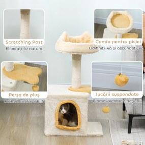 PawHut Arborele pentru Pisici cu Crenguță și Căsuță 40x30x72 cm Bej și Galben | Aosom Romania
