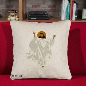 Perna Decorativa Iisus Hristos Invierea Silueta Minimalista, 40x40 cm, Bej Canapea, Husa Detasabila, Perna Inclusa, BEKZ®