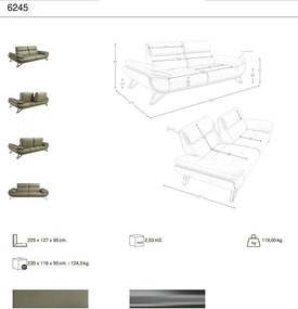 Canapea 3 locuri, tapitata cu piele naturala, spatar rabatabil Verde masliniu