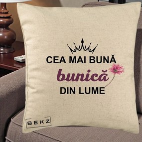 Cadou pentru Bunica - Perna Personalizata Cea Mai Buna Bunica Din Lume Coroana Mov Floare Roz, 40x40 cm, Bej, Husa Detasabila, Perna Inclusa, BEKZ®