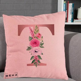 Cadou Personalizat - Perna Personalizata Monograma Rose Gold Litera T, 40x40 cm, Roz, Husa Detasabila, Perna Inclusa, BEKZ®