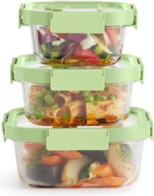 Set 3 caserole sticla depozitare alimente Lekue 1009493, 0,5/0,8/1,1 l, Capac, Supapa pentru cuptor cu microunde, -20/+100°C, Verde