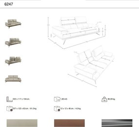 Canapea 3 locuri, tapitata cu piele naturala, spatar rabatabil Grey taupe