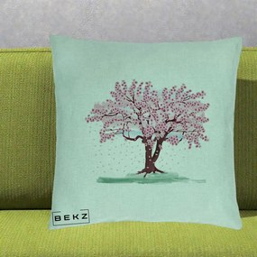 Perna Decorativa Cires Inflorit Acuarela, 40x40 cm, Verde Menta, Husa Detasabila, Perna Inclusa, BEKZ®
