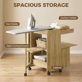 HOMCOM Dulap Masă de Călcat Rabatabilă cu Roți și Suport pentru Fier de Călcat, Dulap Multifuncțional cu Rafturi, Compartiment Deschis, pentru Spălătorie, Baie, 154x55x87 cm, Lemn Natural | Aosom Romania