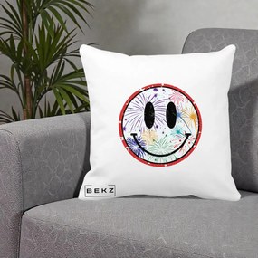 Perna Decorativa Smiley Face cu Artificii Multicolore, 40x40 cm, Alba Mata, Husa Detasabila, Perna Inclusa, BEKZ®