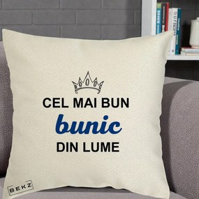 Cadou pentru Bunic - Perna Personalizata Cel Mai Bun Bunic Din Lume Coroana Albastra, 40x40 cm, Ecru, Husa Detasabila, Perna Inclusa, BEKZ®