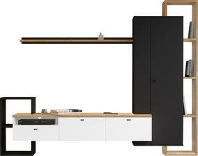 Mobilier de perete living, negru/alb/stejar craft auriu, DENISO
