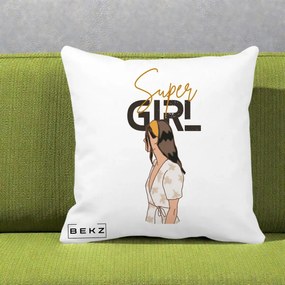 Perna Decorativa Super Girl Aesthetic, 40x40 cm, Alba Mata, Husa Detasabila, Perna Inclusa, BEKZ®