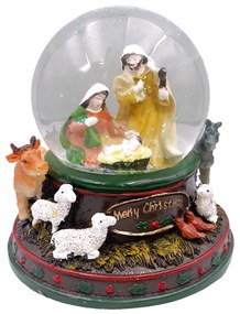 Glob cu zapada muzical cu LED - Scena religioasa NATIVITY, 13x15cm