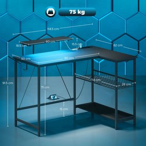 HOMCOM Birou Gaming Reversibil în L cu LED, 114,5x82 cm Birou Colțar cu Prize Electrice, Suport pentru Monitor și Rafturi Reglabile din Rețea, Stație Gaming pentru Acasă, Birou sau Studiu, Negru | Aosom Romania