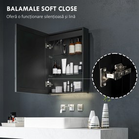 HOMCOM Dulap cu Oglindă pentru Baie cu Lumini LED și Priză pentru Aparat de Ras, Dulap Suspendat cu Funcție Anti-Ceață, Reglare Luminozitate, 3 Culori, Negru | Aosom Romania