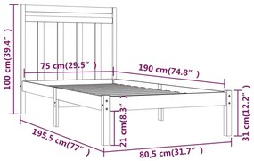 Cadru de pat Small Single 2FT6, gri, 75x190 cm, lemn masiv Gri, 75 x 190 cm