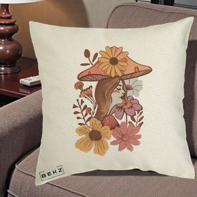 Perna Decorativa Fata Ciuperca Florala Boho, 40x40 cm, Ecru, Husa Detasabila, Perna Inclusa, BEKZ®