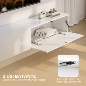 HOMCOM Dulap TV Suspendat 180 cm pentru TV până la 75 Inch, Dulap Modern pentru Living cu Uși cu Deschidere prin Apăsare și Orificii pentru Cabluri, Consolă Multimedia Montată pe Perete, Alb Lucios | Aosom Romania
