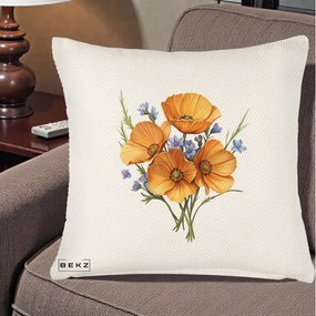 Perna Decorativa Maci Portocalii cu Floricele Albastre, 40x40 cm, Crem Reliefat, Husa Detasabila, Perna Inclusa, BEKZ®