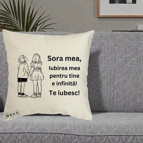 Cadou pentru Sora - Perna Personalizata Sora Mea Te Iubesc Copii Tinand Maini Line Art, 40x40 cm, Ecru, Husa Detasabila, Perna Inclusa, BEKZ®
