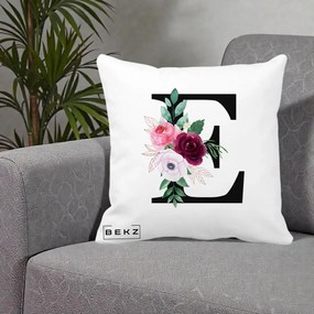 Cadou Personalizat - Perna Personalizata Monograma Florala Litera E, 40x40 cm, Alba Mata, Husa Detasabila, Perna Inclusa, BEKZ®