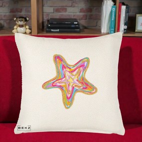 Perna Decorativa Stea de Mare Neon Curcubeu, 40x40 cm, Crem Reliefat, Husa Detasabila, Perna Inclusa, BEKZ®