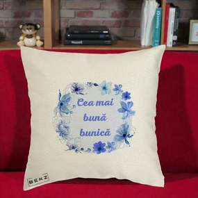 Cadou pentru Bunica - Perna Personalizata Cea Mai Buna Bunica Coronita Flori Albastre Acuarela, 40x40 cm, Ecru, Husa Detasabila, Perna Inclusa, BEKZ®