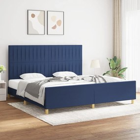Cadru de pat cu tablie, albastru, 200x200 cm, textil Albastru, 200 x 200 cm, Benzi verticale