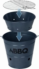 Găleată grătar BBQ portabilă Ø26 cm, metal zincat, culoare bleumarin mat, cu grătar și mâner, pentru camping și picnic