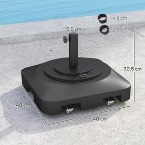 Outsunny Bază pentru Umbrelă cu Roți și 2 Frâne, Bază Reumplibilă din HDPE pentru Umbrelă cu Nisip 25 kg sau Apă 19 kg, pentru Stâlpi de Ø38/48 mm, 48x48x32,5 cm, Negru | Aosom Romania