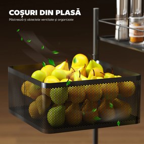 HOMCOM Cărucior de Bucătărie cu 3 Nivele cu Coșuri Rotative din Metal, Roți și Frână, 27,5x27,5x62 cm, Negru | Aosom Romania