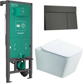 Rezervor incastrat Hansgrohe iFrame 112 cm cu clapeta iFrame Element E negru periat plus vas WC Rune Jord alb cu capac softclose