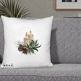 Perna Decorativa Lumanari cu Ilex si Conuri Ilustratie, 40x40 cm, Alb Pufos, Husa Detasabila, Perna Inclusa, BEKZ®