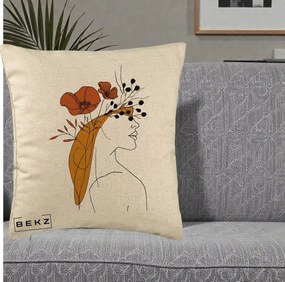Perna Decorativa Portret Feminin Maci Rosii Auriu, 40x40 cm, Bej, Husa Detasabila, Perna Inclusa, BEKZ®
